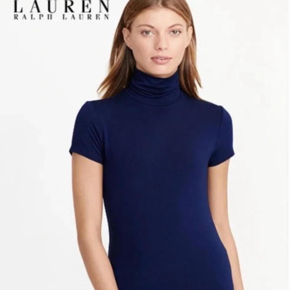 RALPH LAUREN Deep Navy Short Sleeve Preppy Career Academia Turtleneck Top Medium